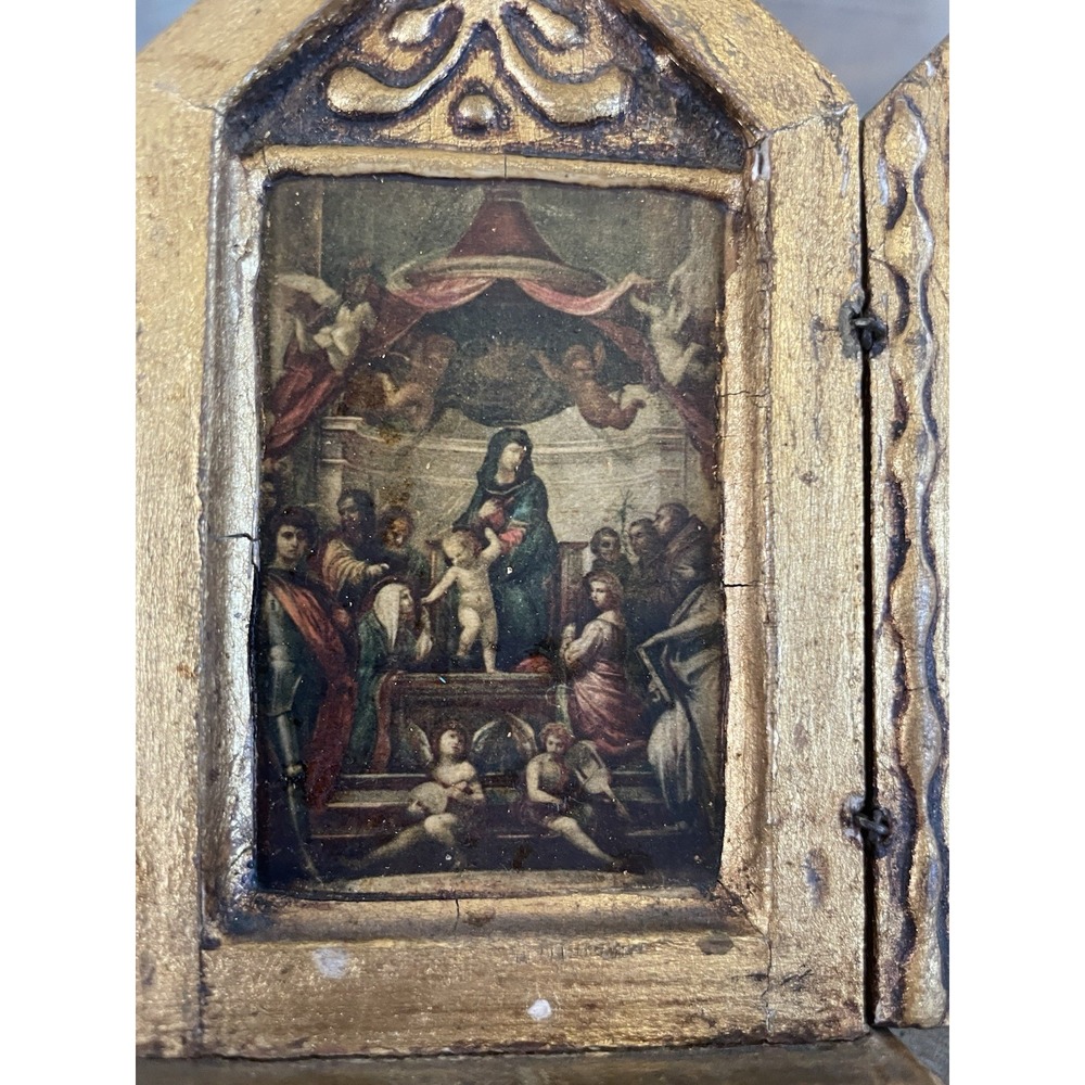 Vtg Gold Gilt Standing Alter Italian Florentine‎ Triptych Virgin on Throne 5.25" - Picture 10 of 11